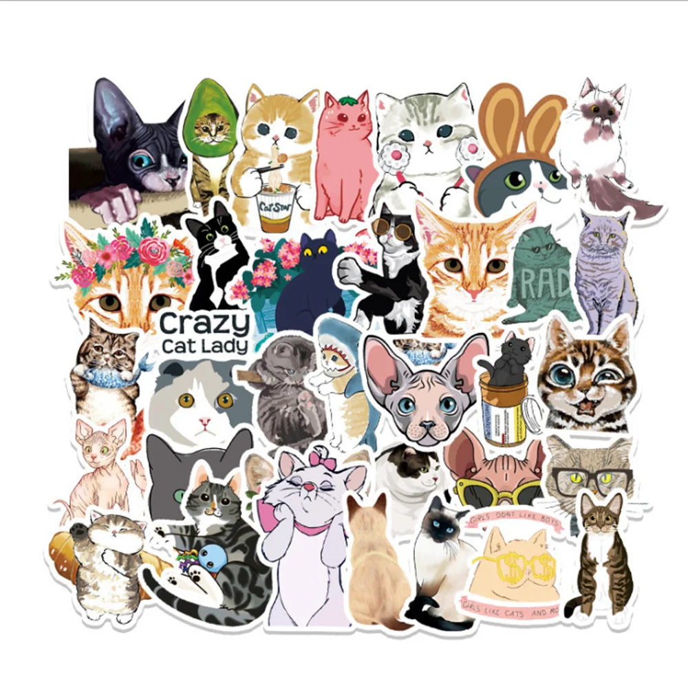 50 pieces of cute cartoon kitten graffiti stickers, suitable for hand account decoration, luggage, computer, skateboard, graffiti, waterproof sticker toys