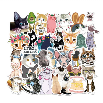 50 pieces of cute cartoon kitten graffiti stickers, suitable for hand account decoration, luggage, computer, skateboard, graffiti, waterproof sticker toys