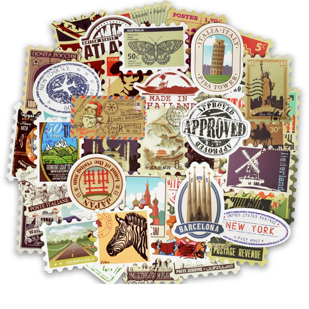 50PCS Retro Stamp Series Graffiti Laptop Guitar Motorcycle Luggage Skateboard Bike Waterproof Sticker