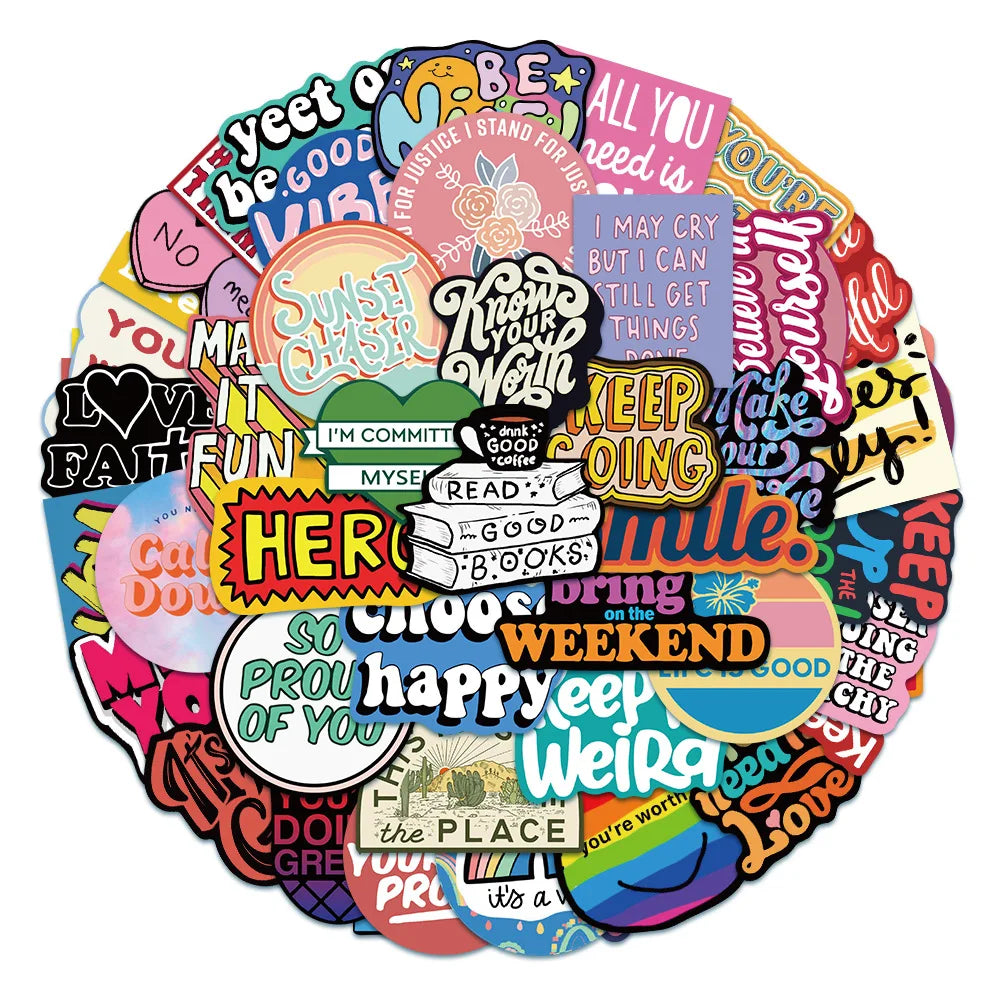 50PCS Cartoon Inspirational English Phrase Sticker Suitcase Notebook Handbook Sticker Cartoon Decorative Toy