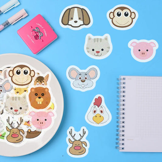 40 pieces of cute cartoon and paper journal stickers with animal heads, suitable for DIY journal decoration stickers in photo albums and diaries