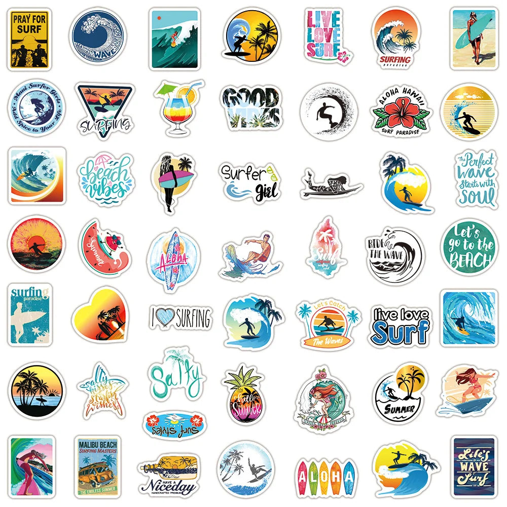 50PCS Summer Beach Surfing Graffiti Sticker Luggage Trolley Car Skateboard Fresh Adventure Sticker