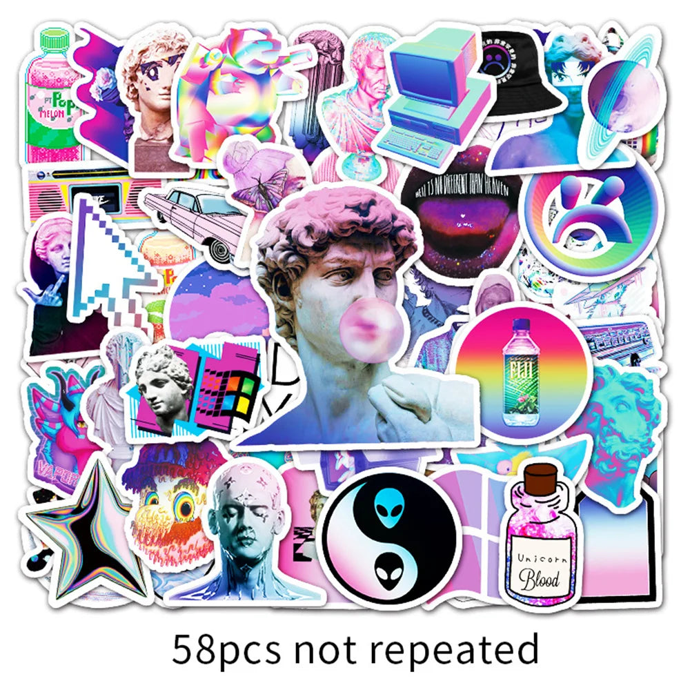 58PCS New Cartoon Animation Non-repeat Steam Wave Graffiti Decoration Suitcase Guitar Waterproof Sticker