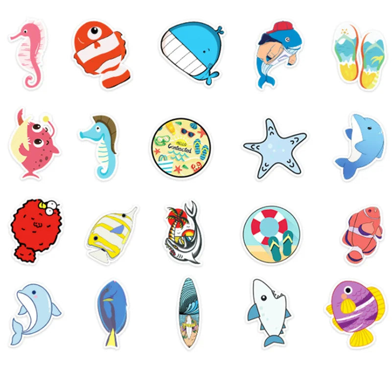 50 Cartoon and Lovely Beach Whale Summer Vacation Doodle Handmade Journal Materials, Skateboard Decoration Stickers, Toys