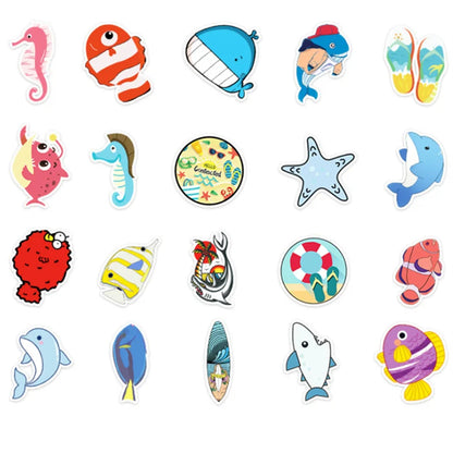 50 Cartoon and Lovely Beach Whale Summer Vacation Doodle Handmade Journal Materials, Skateboard Decoration Stickers, Toys