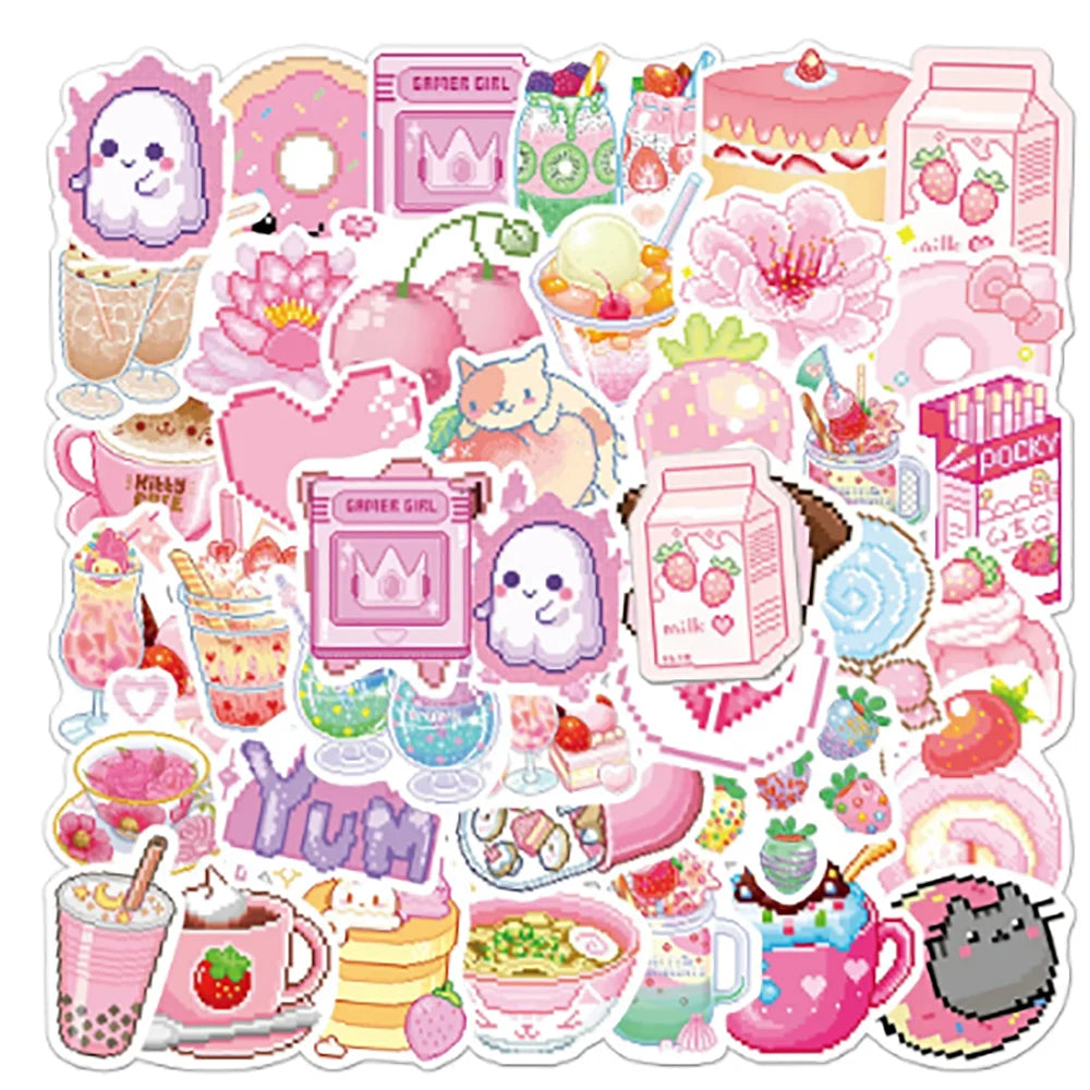 50PCSINS Style Cute Pink Pixel Cartoon Sticker Bicycle Luggage Laptop Graffiti Waterproof Sticker Toy