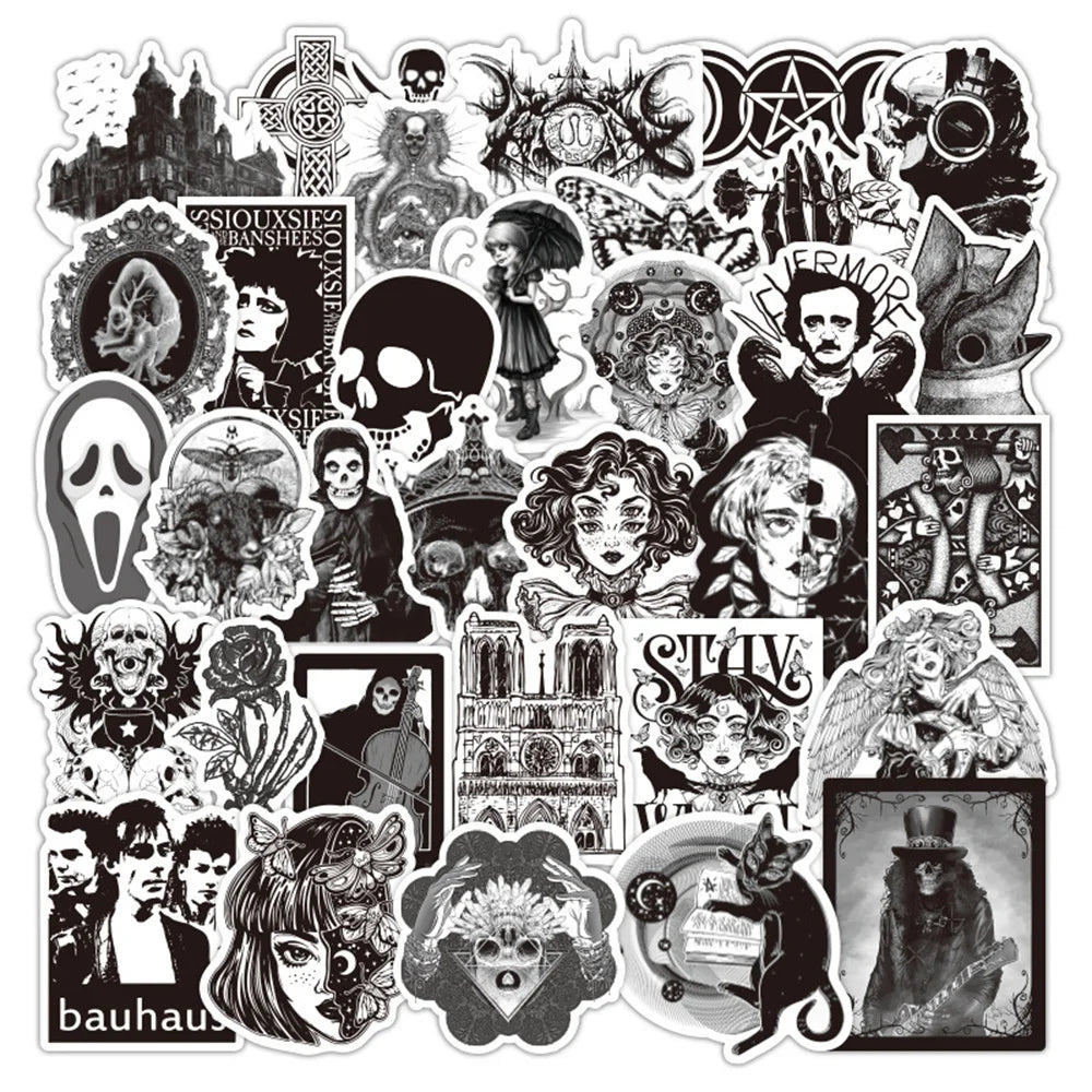 50PCS Black and White European and American Style Gothic Graffiti Sticker WaterproofTrolleyCaseNotebookSkateboard