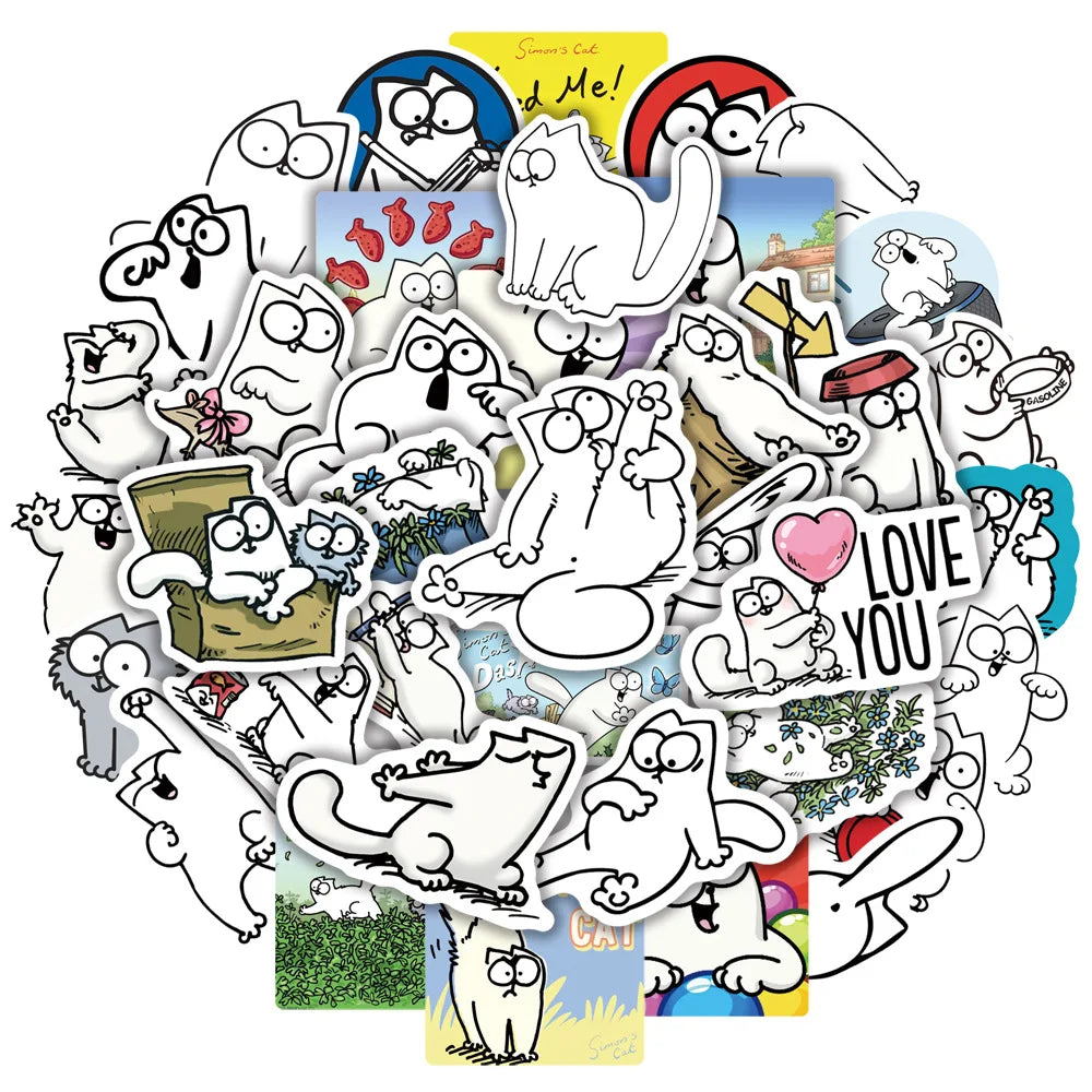 50PCS Art Illustration Popular Creative Cartoon Cute Animation Simon Cat Series Decorative Style Graffiti Stickers Personalised Fashion Creative Trend DIY Exquisite Decorative Decals Suitable for Cups, Helmets, Skateboards Popular Stickers Toys