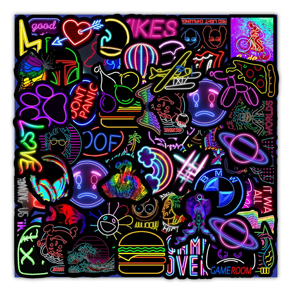 50 pieces of fresh and light neon graffiti stickers, personalized DIY car trunk phone cases, water cups, laptop decorative waterproof stickers toys
