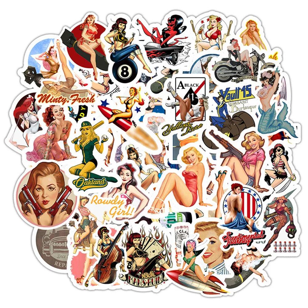 50PCS Sexy Retro Girl  Sticker Skateboard Trolley Case Notebook Bike Scooter Waterproof PVC Sticker