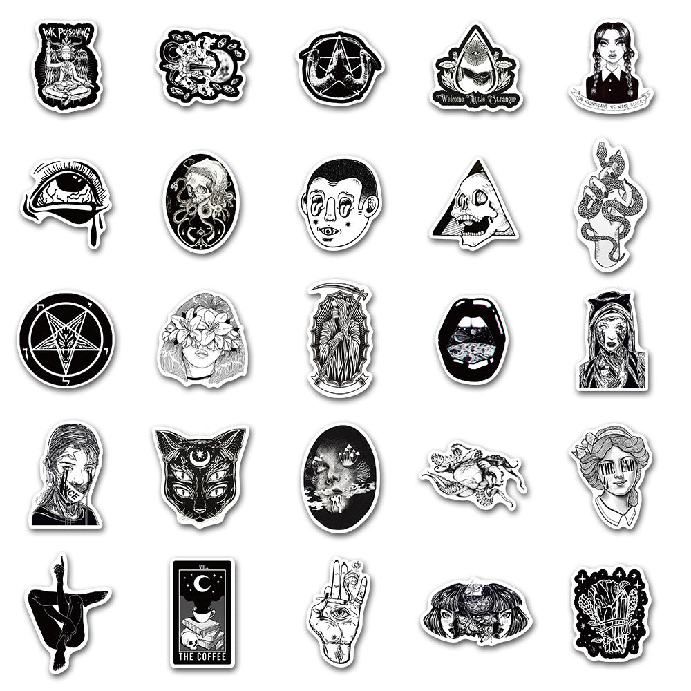 50PCS Gothic Punk Stickers, Black White Horror Doodle Decals for Laptops, Skateboards, and Alt Culture