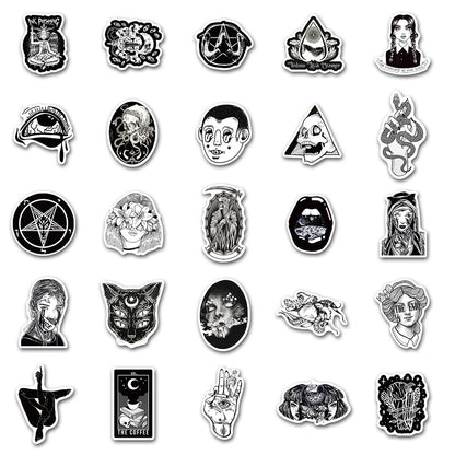 50PCS Gothic Punk Stickers, Black White Horror Doodle Decals for Laptops, Skateboards, and Alt Culture