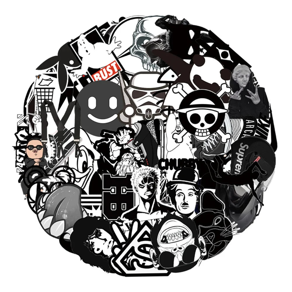 55PCS Black and White Series Graffiti Laptop Guitar Motorcycle Luggage Skateboard Bike Waterproof Sticker