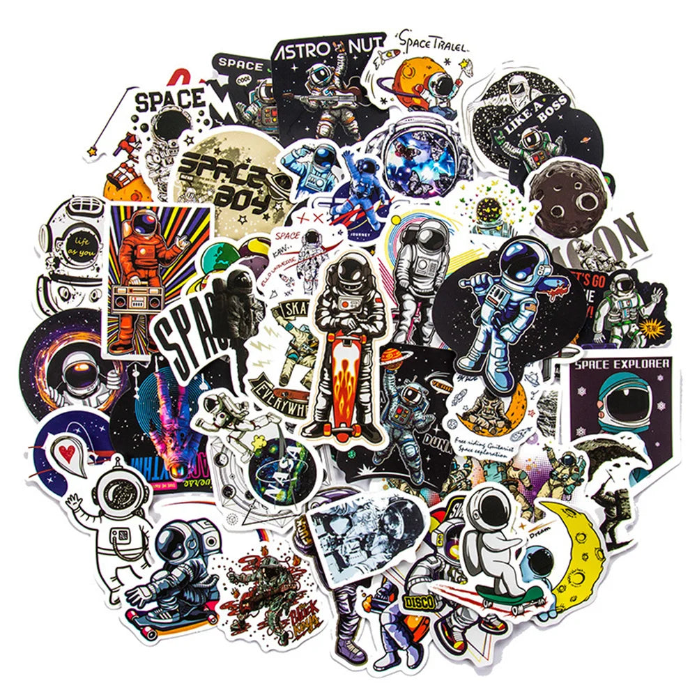 50PCS Astronaut Space Station Cartoon Stickers Rocket Moon Universe Computer Trolley Case Graffiti Stickers