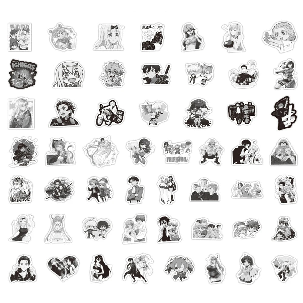 50PCS New Black and White Anime Graffiti Stickers Waterproof Luggage Laptop Scooter Water Cup Stickers