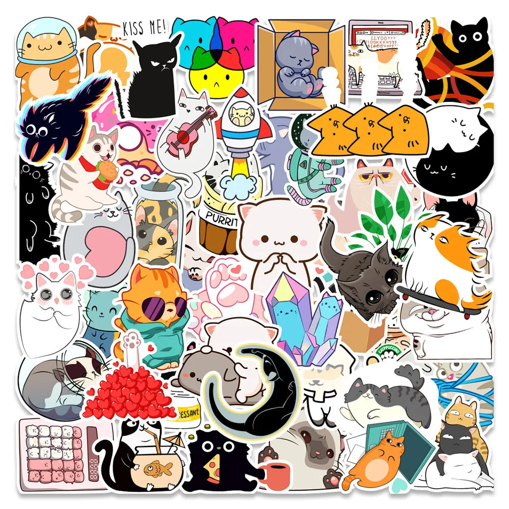50PCS New Kitten Cute Little Fresh Cartoon Graffiti Waterproof Sticker Suitcase Notebook Refrigerator Skateboard