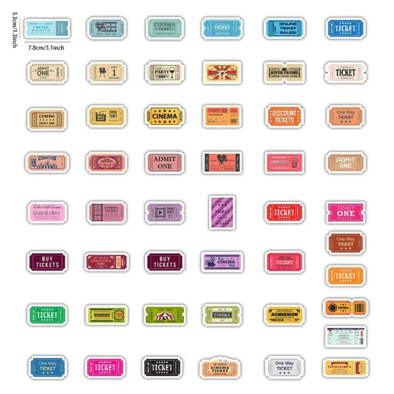 50PCS Airline Boarding Pass Ticket Movie Ticket Box Retro Waterproof Helmet Skateboard Message Sticker