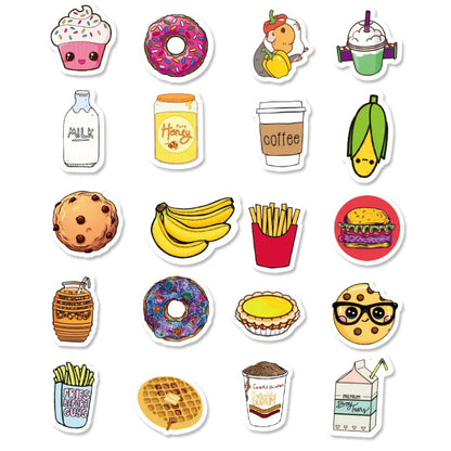 50PCS of fashionable and cute fast food cartoon decorative style graffiti stickers, personalized and fashionable creative trend DIY exquisite decorative decal cups, helmets, skateboard popular sticker toys