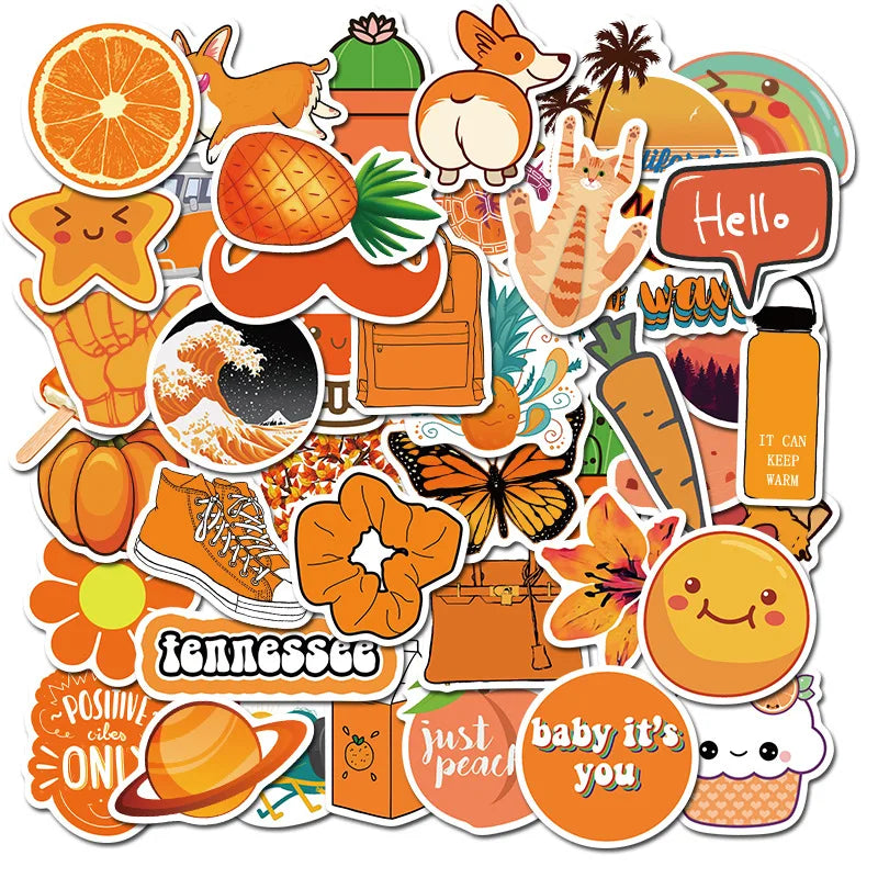 50PCS of fresh orange cartoon series fruit decorative style graffiti stickers, personalized, fashionable, creative and trendy DIY exquisite decorative decal cups, helmets, skateboards and popular sticker toys