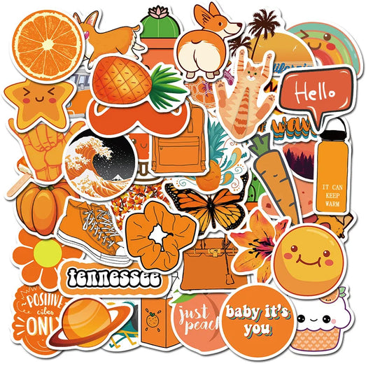 50PCS of fresh orange cartoon series fruit decorative style graffiti stickers, personalized, fashionable, creative and trendy DIY exquisite decorative decal cups, helmets, skateboards and popular sticker toys