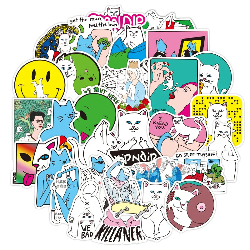 53Pcs Cute Middle Finger Cat Stickers Motorcycle Laptop Skateboard Mobile Phone Guitar DIY Manual Album Sticker