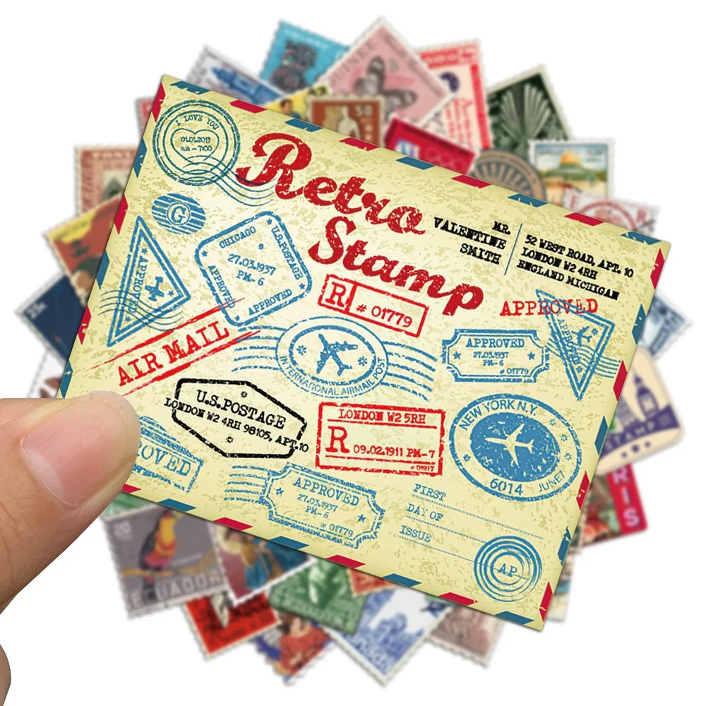 50PCS Retro Travel Stamp Sticker Pack, Nostalgic Postmark Series, Pocket Diary DIY Material Decorative Stickers