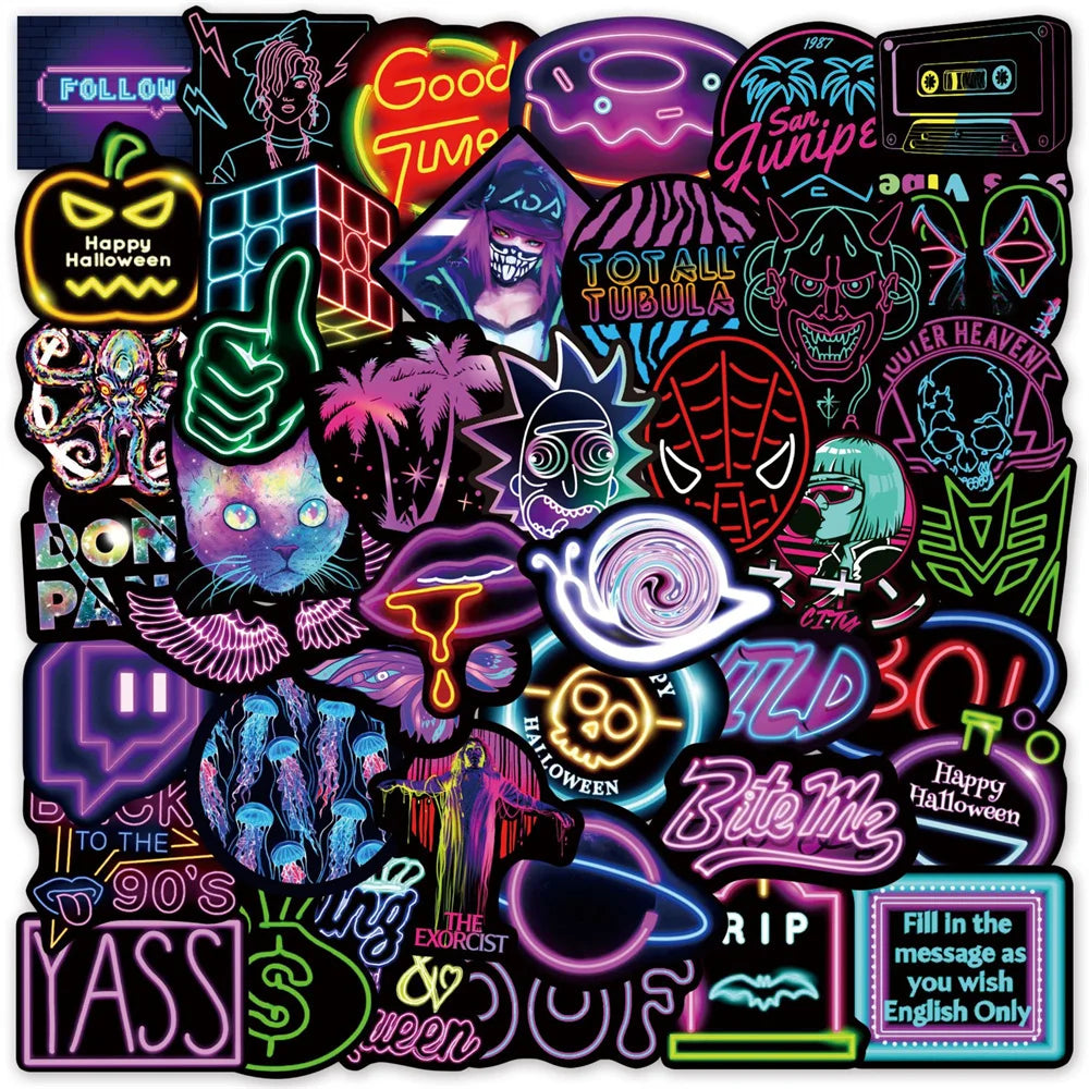 50PCS New Neon Creative Cartoon DIY Graffiti Notebook Scrapbook Skateboard Guitar Suitcase Toy PVC Sticker