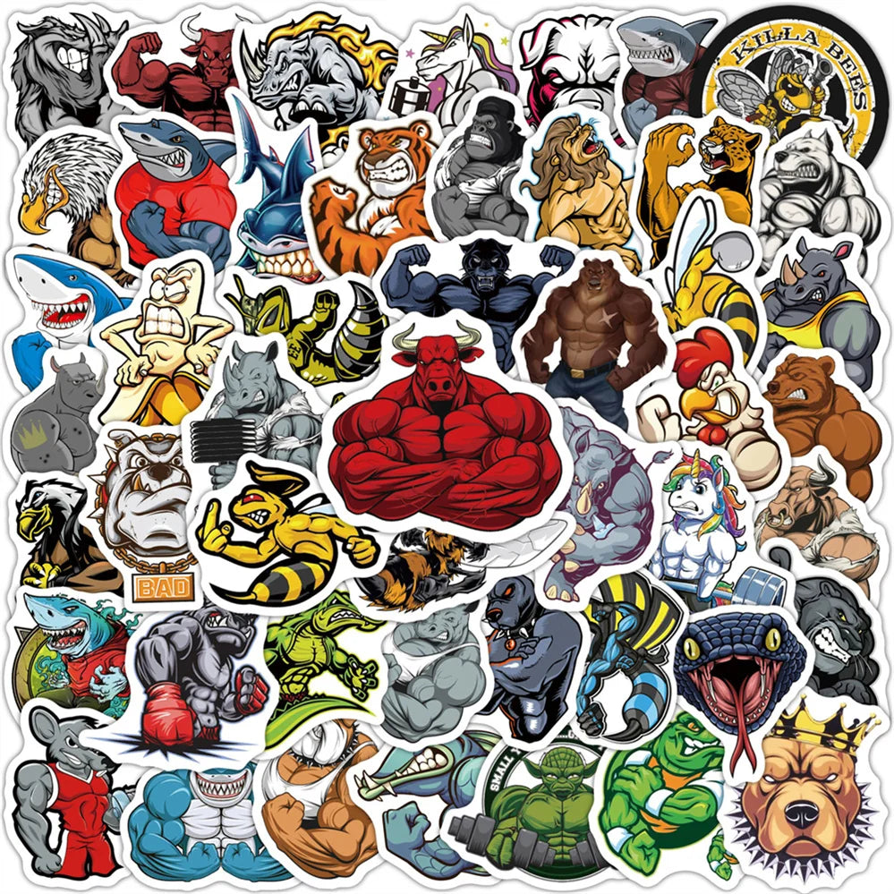 50PCS cartoon fierce muscle animal decorative style graffiti stickers, personalized, fashionable and creative trend DIY exquisite decorative decal cups, helmets, skateboard popular sticker toys