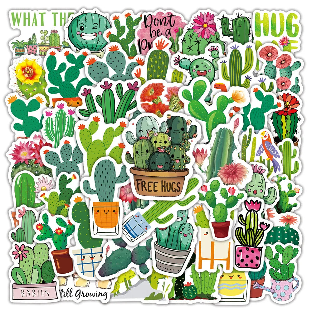 50PCS New Cute Green Plant Cactus Graffiti Waterproof Sticker Suitcase Notebook Refrigerator Stationery BoxHelmet