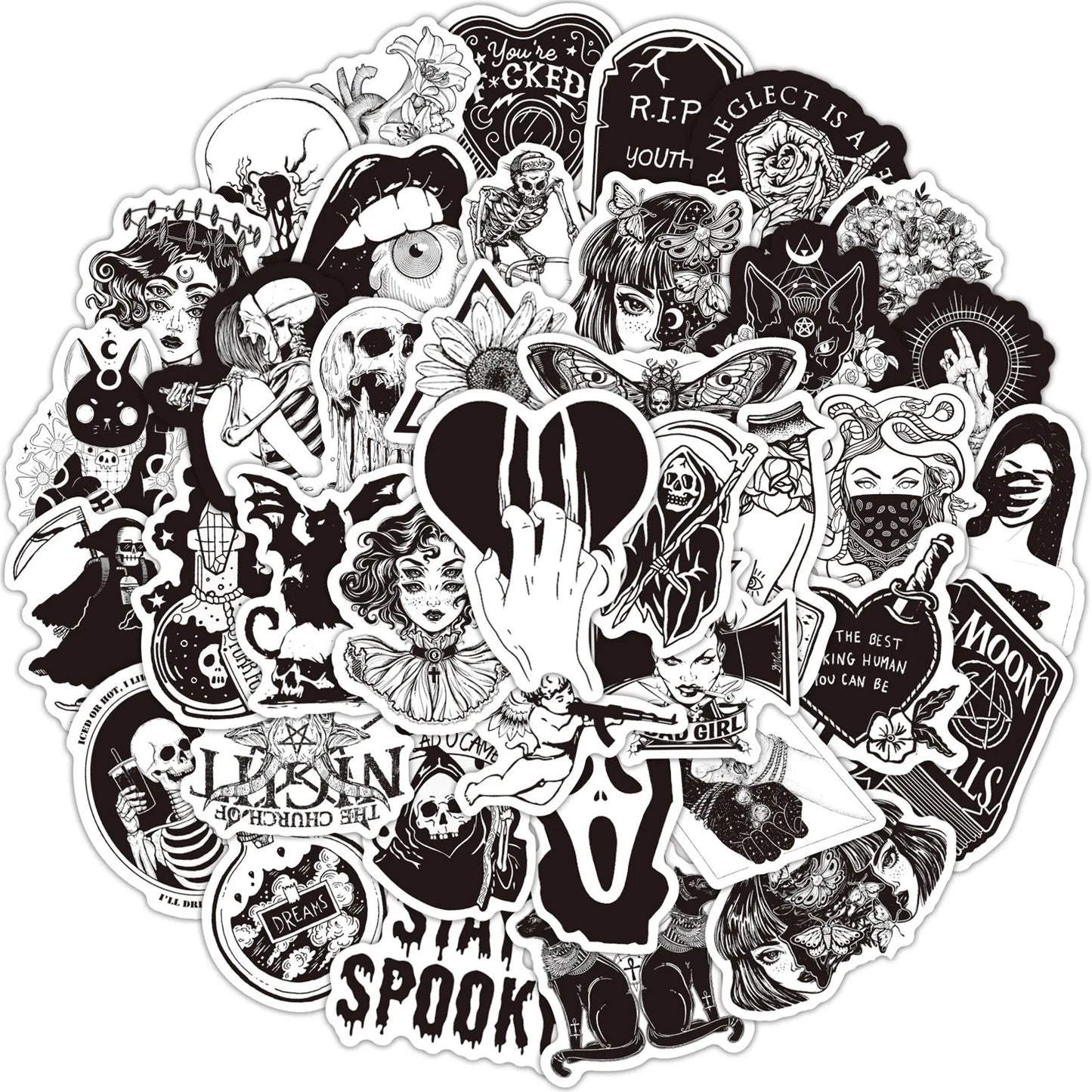 50PCS New Black and White Gothic Cool Skeleton Graffiti Waterproof Sticker Suitcase Notebook RefrigeratorWaterCup