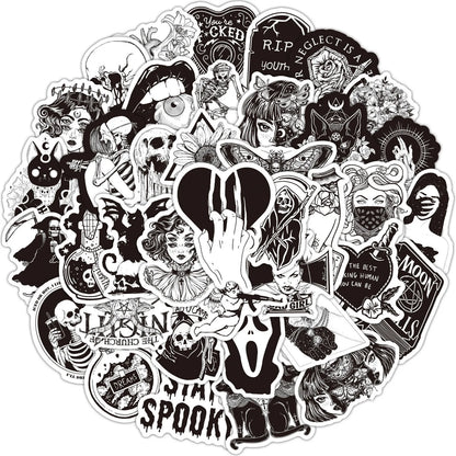 50PCS New Black and White Gothic Cool Skeleton Graffiti Waterproof Sticker Suitcase Notebook RefrigeratorWaterCup