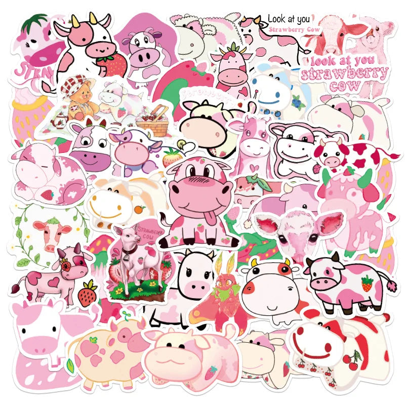 50PCS   Cute Strawberry Milk Cow Graffiti Sticker Mobile Phone Suitcase Guitar Refrigerator Computer Sticker