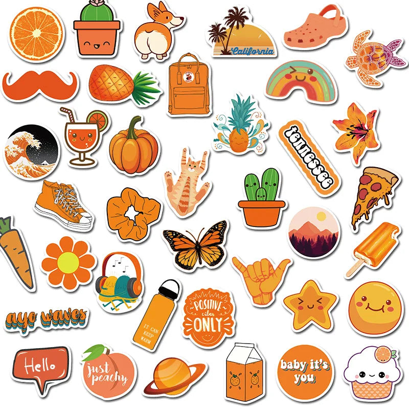 50PCS of fresh orange cartoon series fruit decorative style graffiti stickers, personalized, fashionable, creative and trendy DIY exquisite decorative decal cups, helmets, skateboards and popular sticker toys