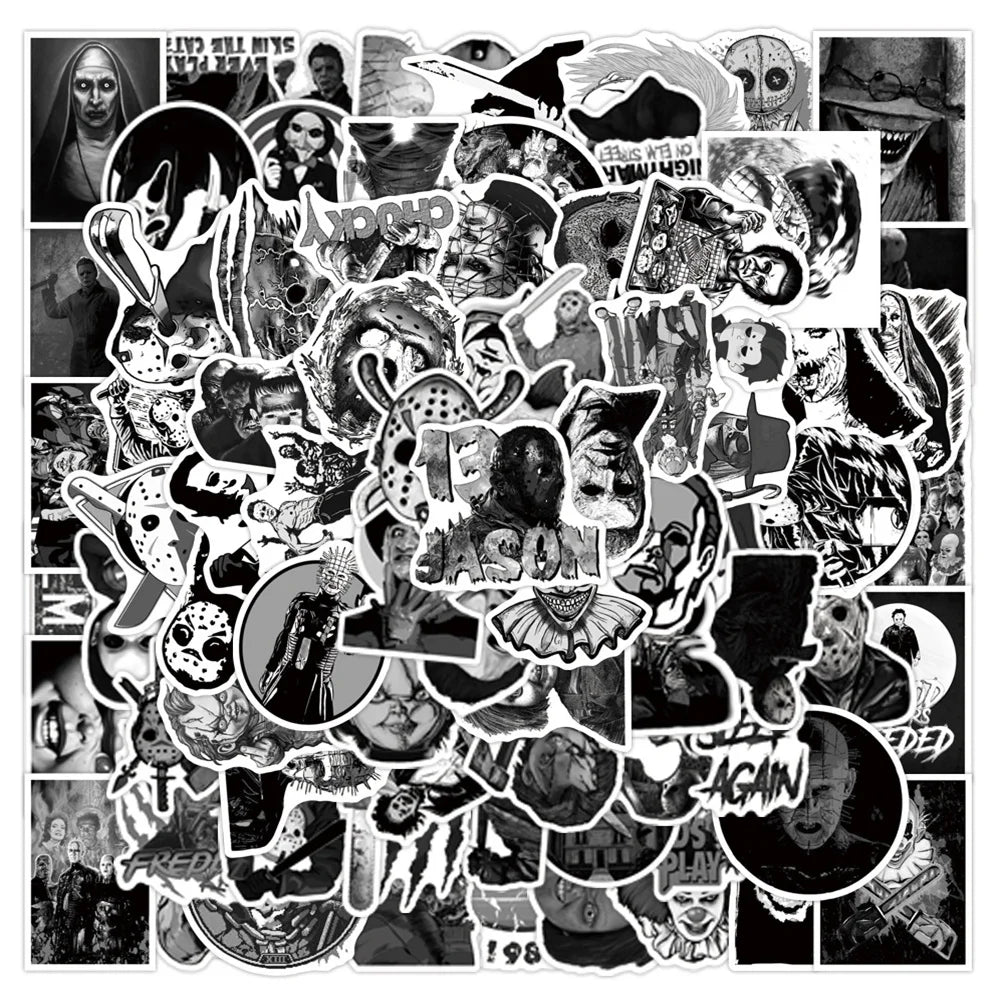 50PCS Black and White Stickers Thriller Demon Character Skateboard Laptop Spoof Waterproof Sticker