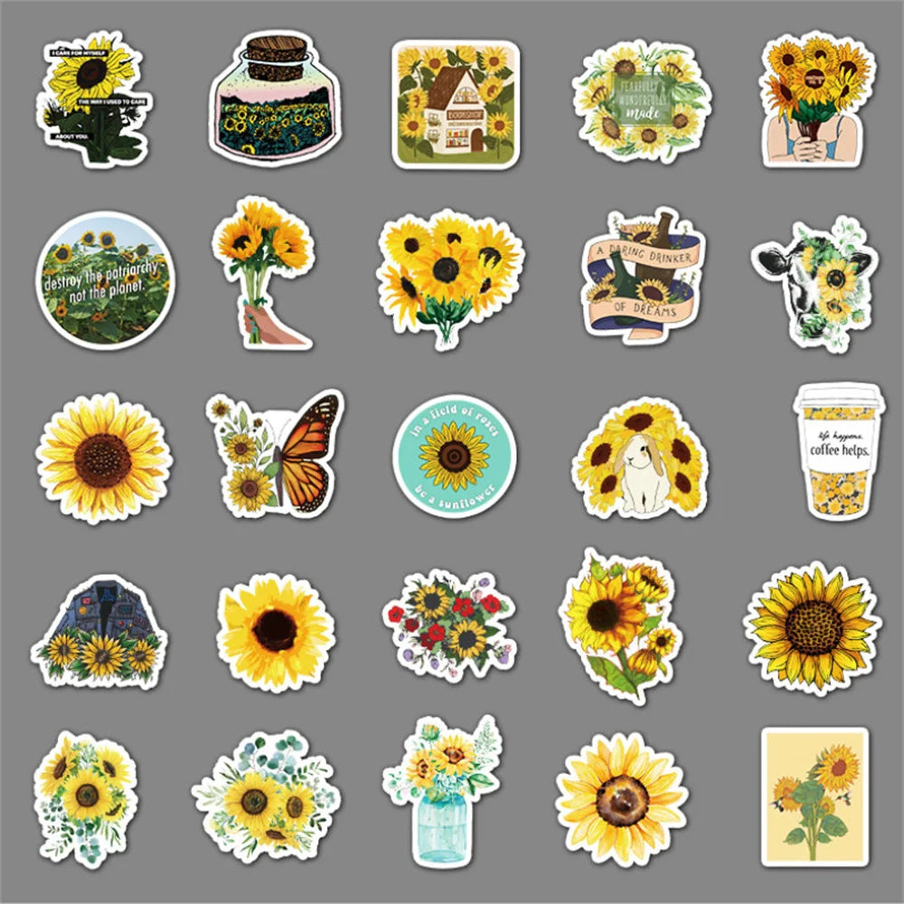 50 pieces of cartoon color sunflower graffiti stickers, personalized trolley, notebook, planner, decorative waterproof sticker toys