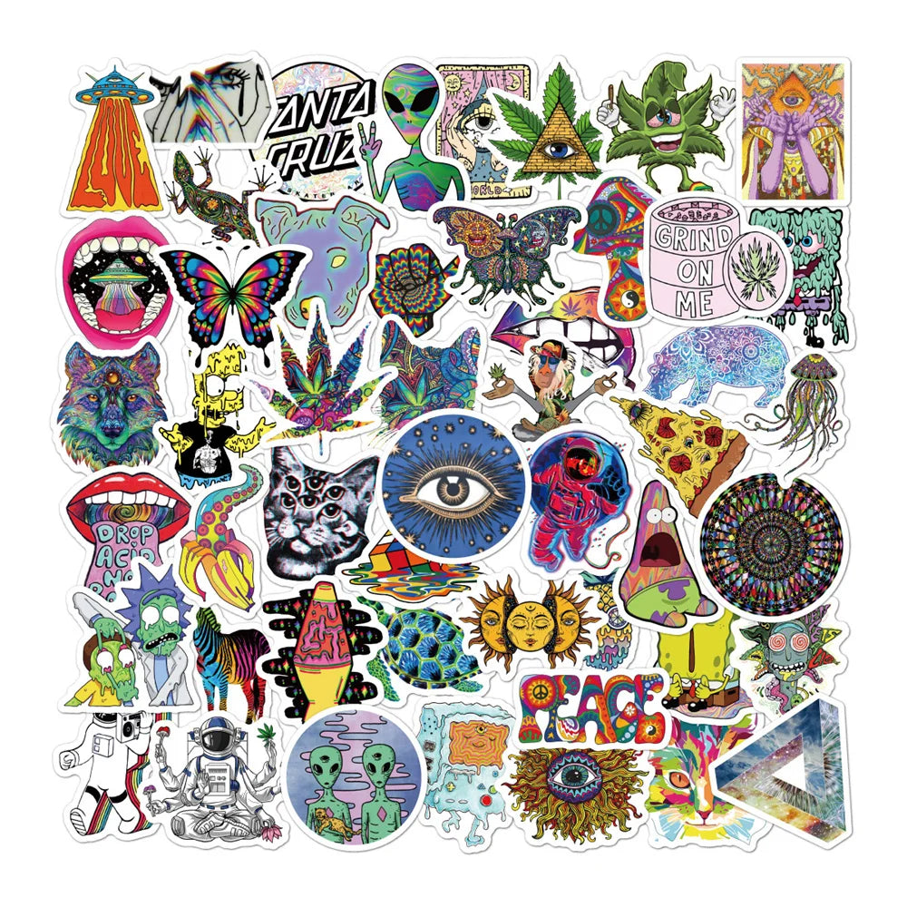 50pcs Cartoon Psychedelic College Stickers Makeup Art Doodle Lace Skateboard Guitar DIY Sticker Toy
