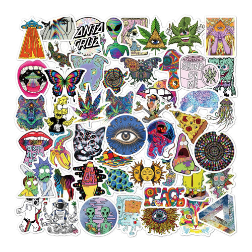 50pcs Cartoon Psychedelic College Stickers Makeup Art Doodle Lace Skateboard Guitar DIY Sticker Toy