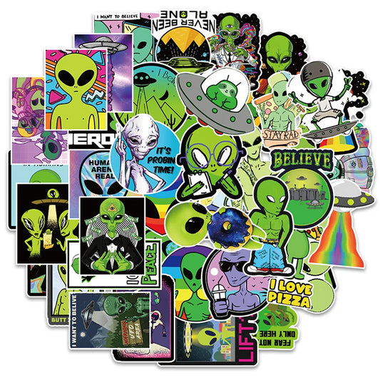 50 pieces of fun cartoon alien graffiti stickers, personalized DIY decorative skateboard luggage, mobile phone, PVC waterproof sticker toys