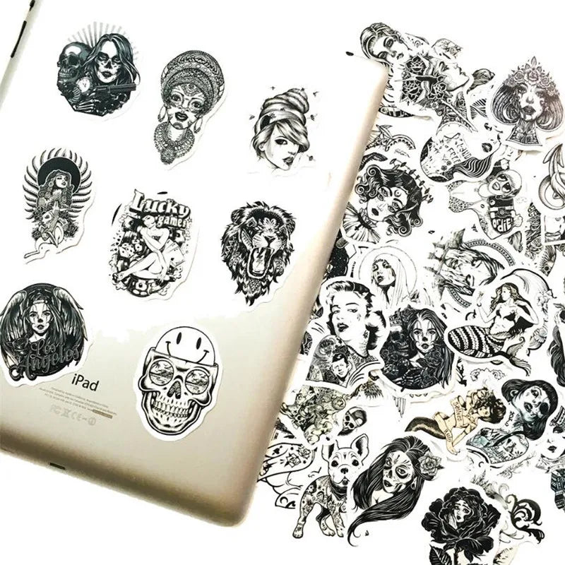 50PCS Beauty Black And White Series Self-Adhesive Dumb Flm Stationery Diary Skateboard Waterproof Stickers