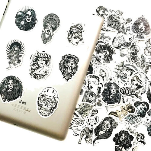 50PCS Beauty Black And White Series Self-Adhesive Dumb Flm Stationery Diary Skateboard Waterproof Stickers