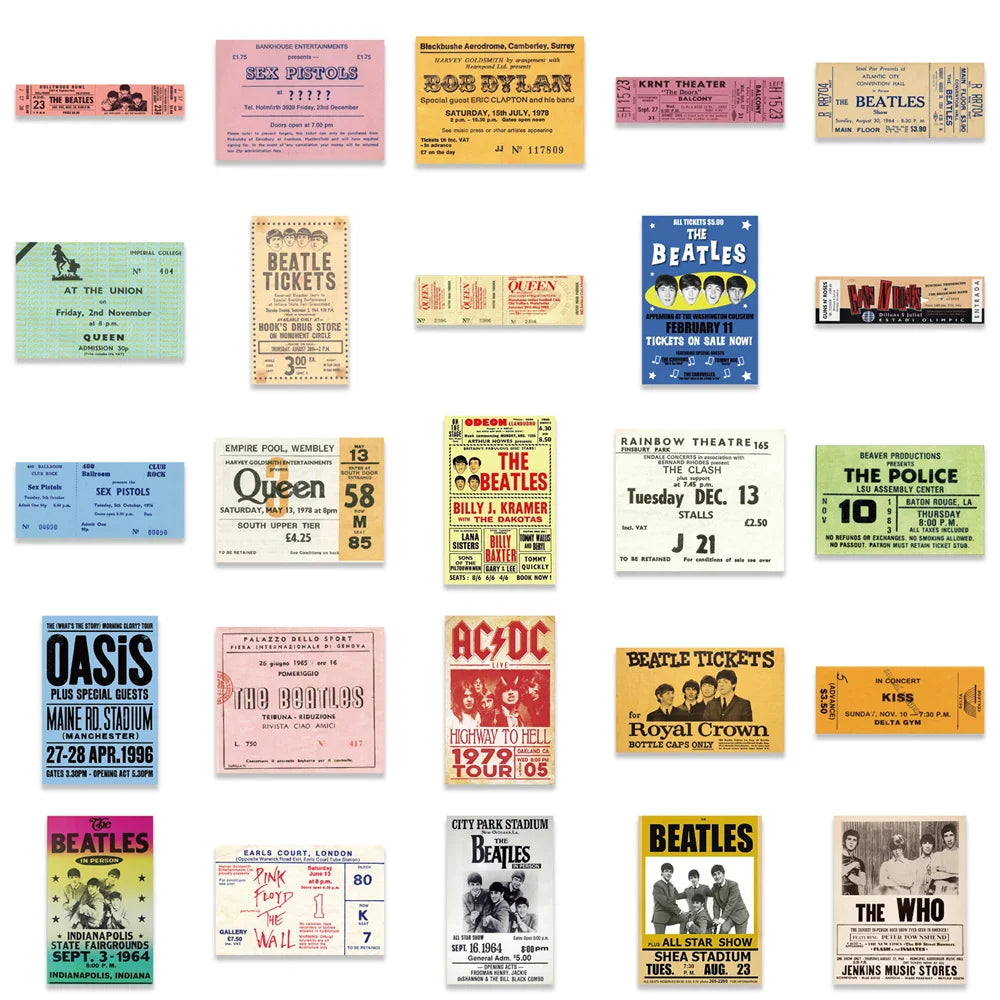 50PCS Band Retro Ticket Graffiti Sticker Personalized Decoration Luggage Water Cup Guitar Waterproof Sticker