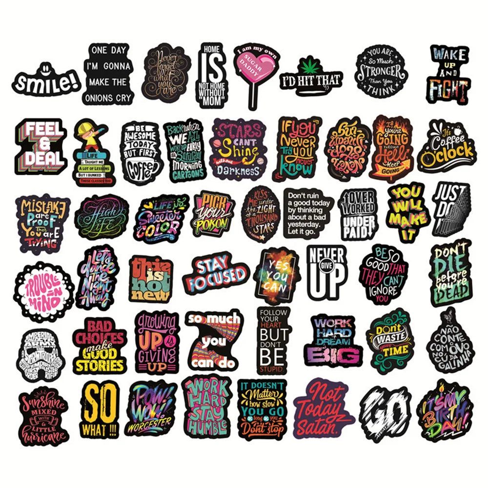 50PCS Black Background Inspirational Text Series Graffiti Stickers Personalized Fashion Creative Trend DIY Exquisite Decorative Decals for Cups Helmets Skateboards Popular Stickers Toys