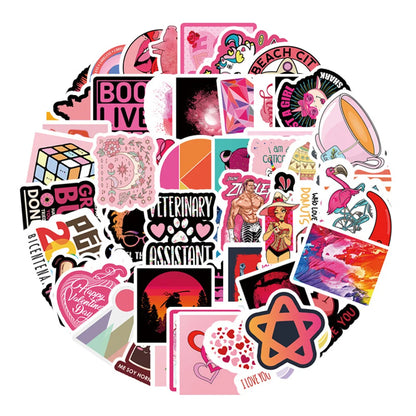 50PCS Red Small Fresh Graffiti Laptop Guitar Motorcycle Luggage Skateboard Bike Waterproof Stickers