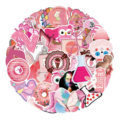 50 pieces of cute cartoon pink series graffiti stickers, personalized DIY luggage, phone cases, laptops, car and motorcycle decoration waterproof stickers toys