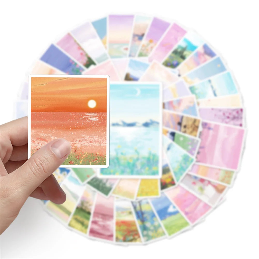 50PCS Cartoon Landscape Oil Painting Aesthetics Creative Graffiti Scrapbook Guitar Phone Case Gift Toy Sticker