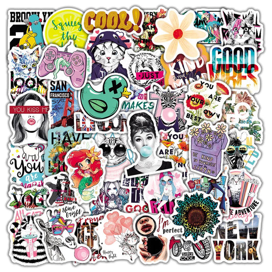 50PCS Ins Wind Cartoon Graffiti Stickers Water Cup Luggage Laptop Hand Account Decoration Waterproof Stickers