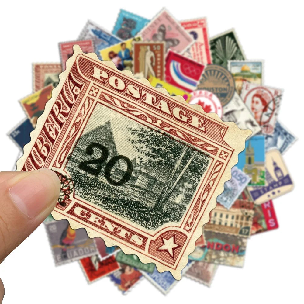 50PCS Retro Travel Stamp Sticker Pack, Nostalgic Postmark Series, Pocket Diary DIY Material Decorative Stickers