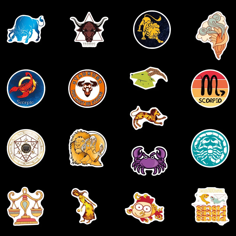 50PCS Art Illustration Popular Creative Cartoon Animation Twelve Constellations Decorative Style Graffiti Stickers Personality Fashion Creative DIY Exquisite Decorative Decals For Cups, Helmets, Skateboards Popular Stickers Toys