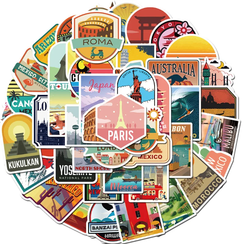 50PCS  travel city landscape sticker mobile phone case skateboard luggage waterproof graffiti sticker toy