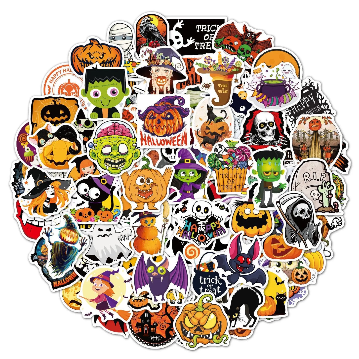 50PCS Halloween Sticker Pumpkin Bat Cartoon Party Sticker Decoration Waterproof Sticker